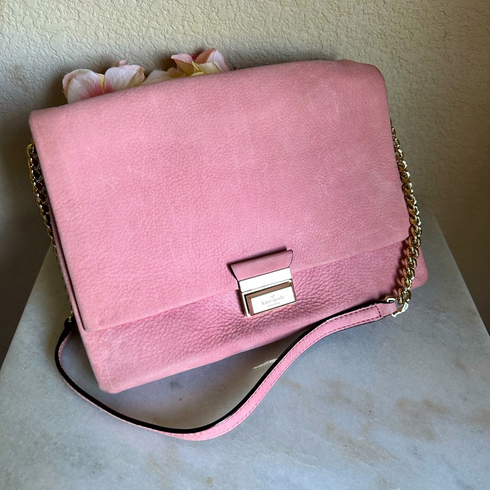 Kate Spade New York Shoulder Bag – Pink Suede, Gold Chain, Designer Purse
